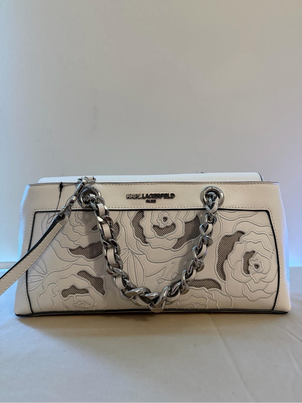 Karl Lagerfeld Cream Floral Appliqué Chain-Handle Shoulder Bag